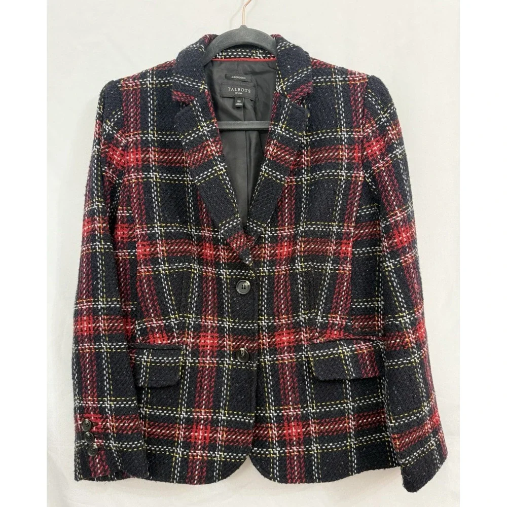 Talbots Aberdeen Plaid Tweed Wool Blend Black‎ Red Blazer Womens Size 12P Petite